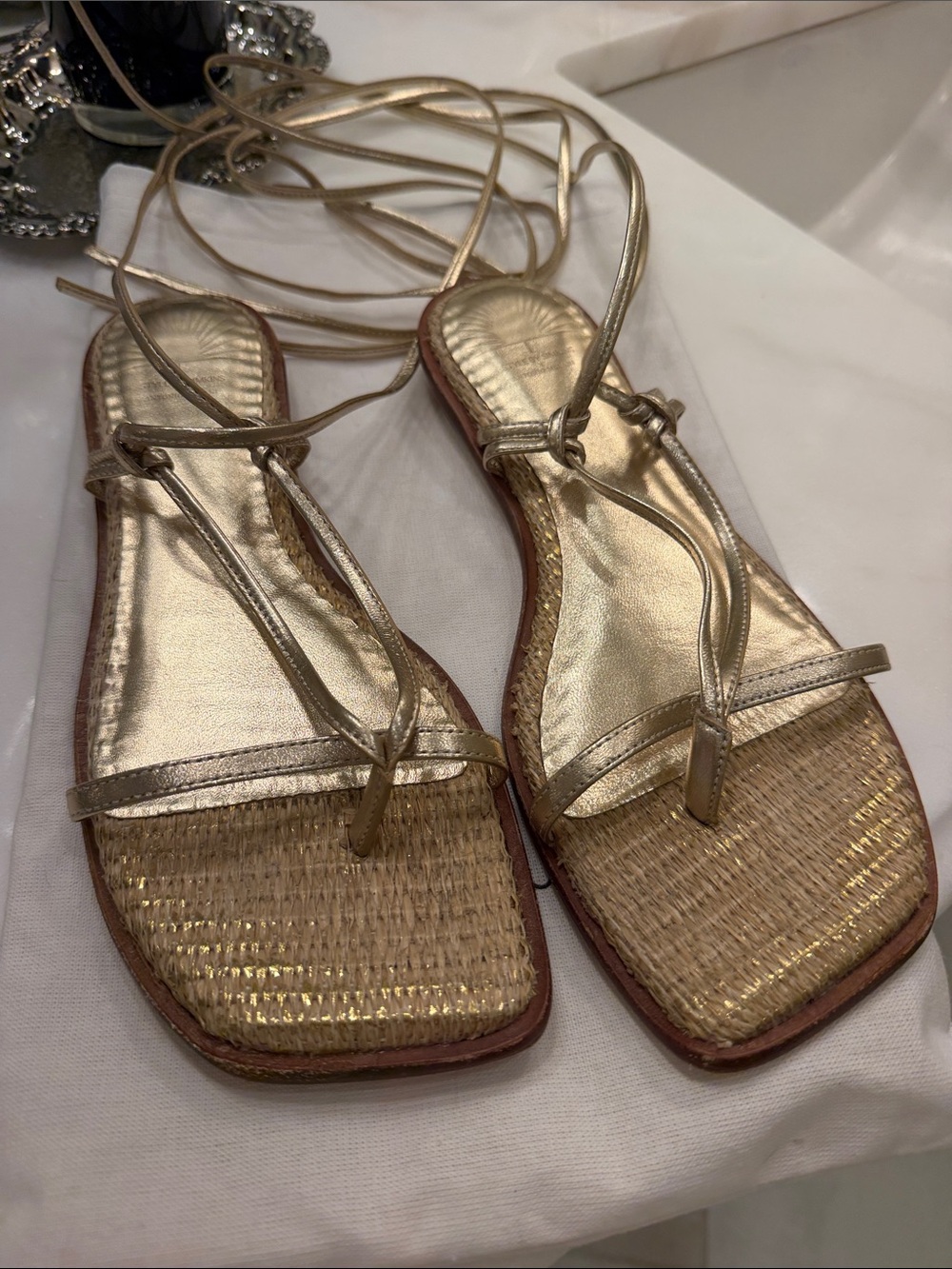 ANTONIO MELANI Metallic Gold Lace-Up Toe-Ring Sandals